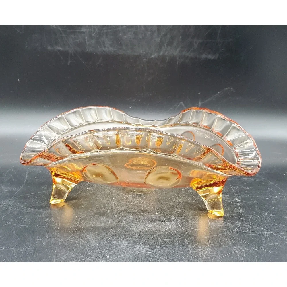 Vintage New Martinsville Glass Amber Thumbprint Footed Bowl Dish 7